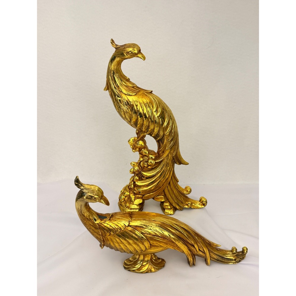 Vintage Syroco Gold Peacock Figurines Mid Century Hollywood Regency Bird Set 2pc